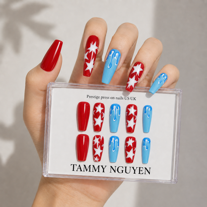 Press On Nail Coffin Red Blue Stars
