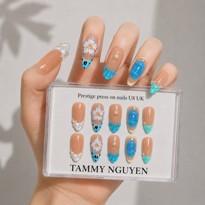 Press On Nails Almond Summer Blue French