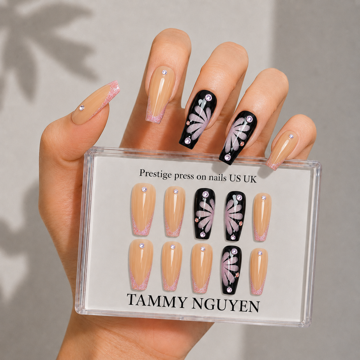 Press On Nail Black Coffin Flower