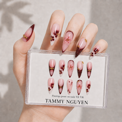 Press On Nail Stiletto Burgundy Floral