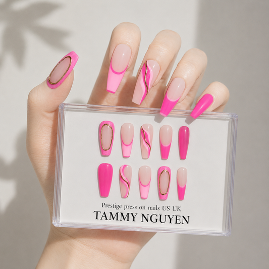 Press On Nail Long Coffin Pink Swirl