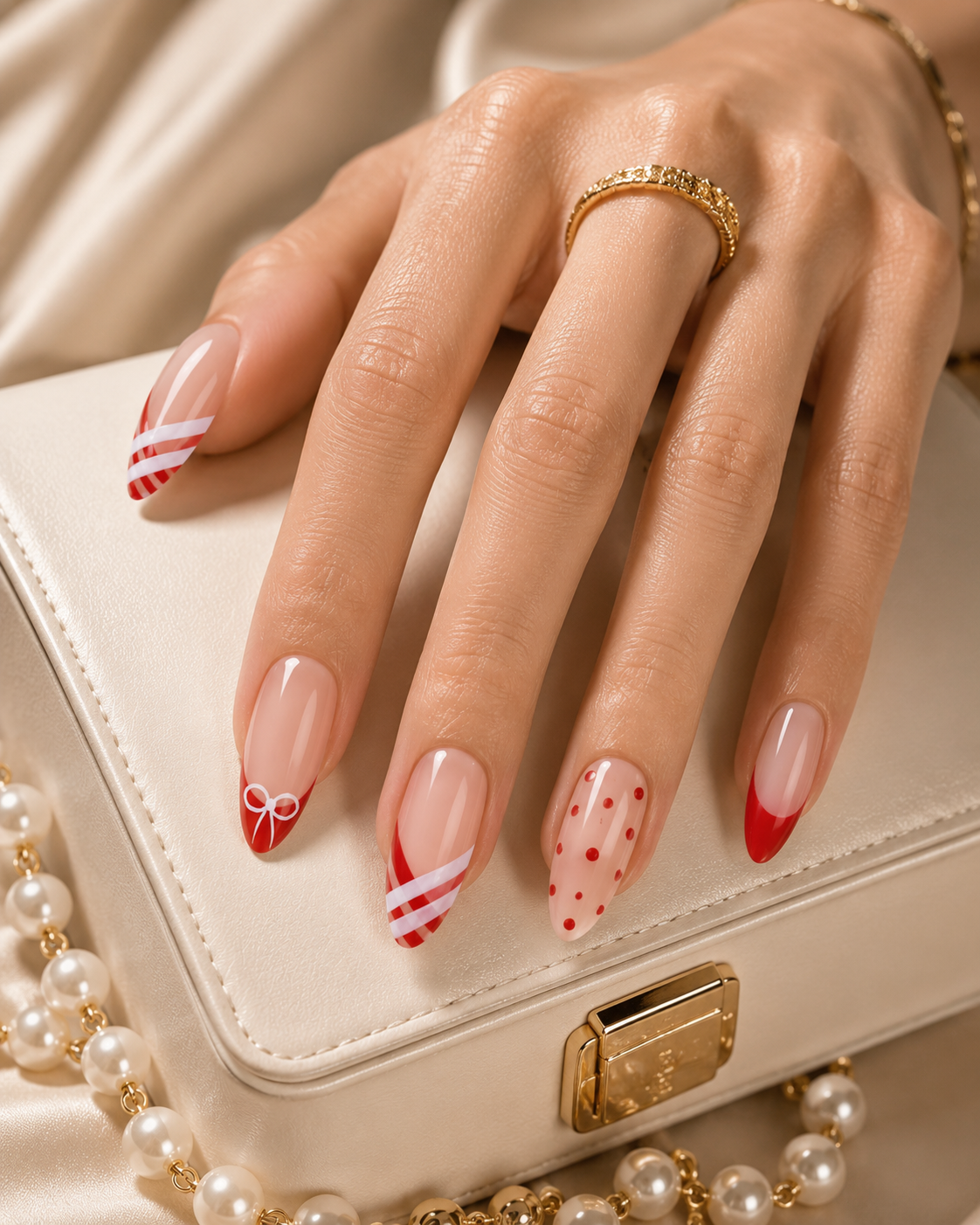 Press On Nail Red Ribbon French
