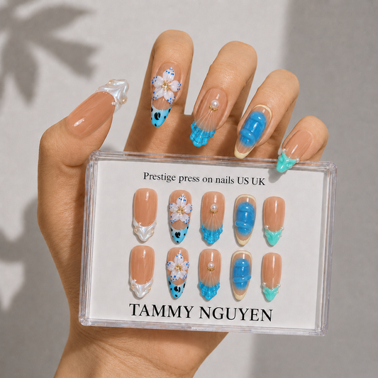 Press On Nails Almond Summer Blue French