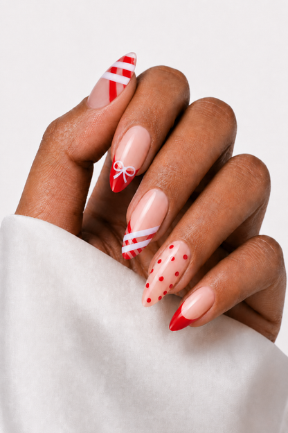 Press On Nail Red Ribbon French