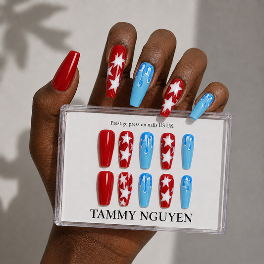 Press On Nail Coffin Red Blue Stars