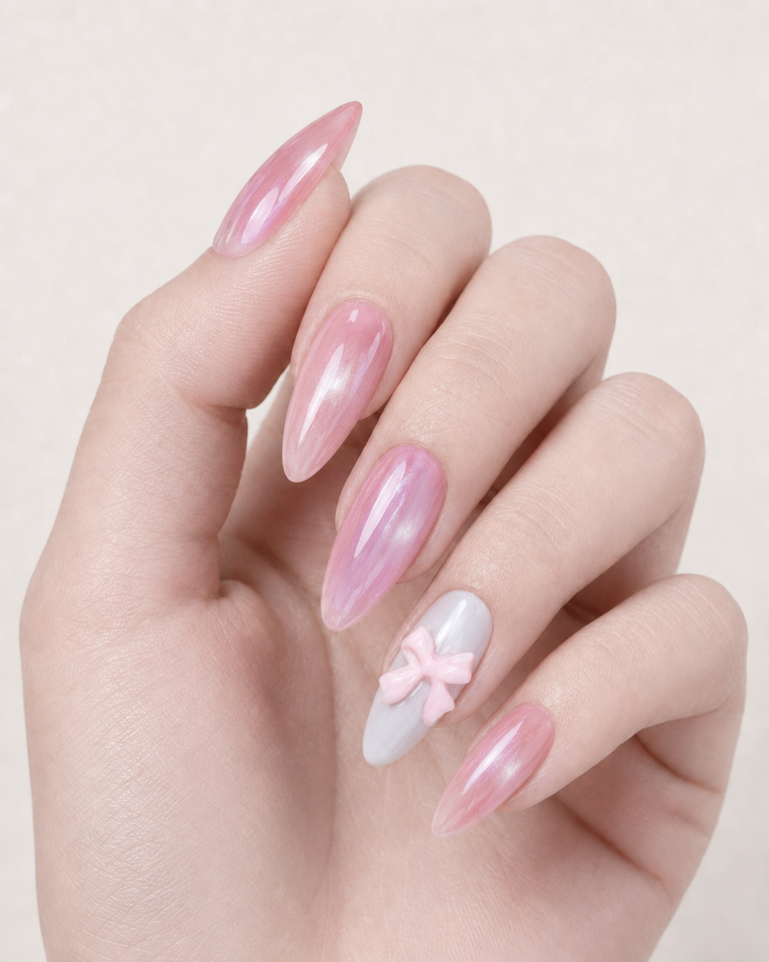Press-on Nails Pink Pearl Ribbon