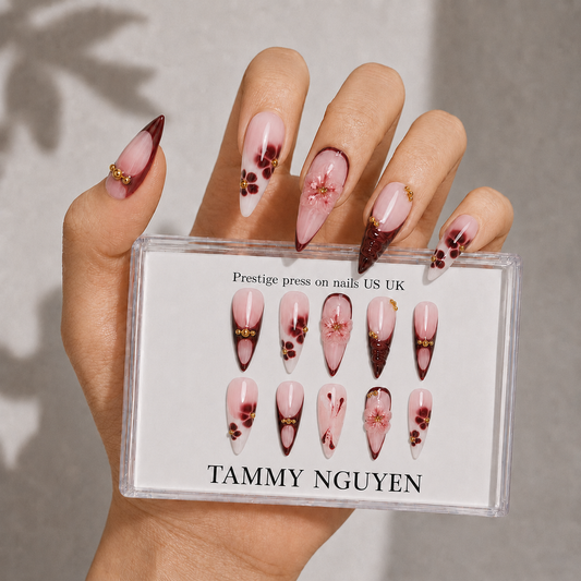 Press On Nails Stiletto Burgundy Floral