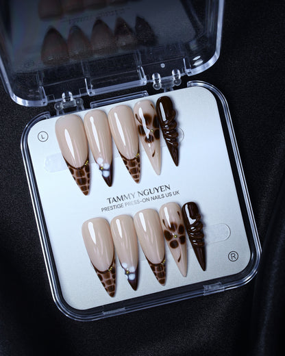Press On Nails Y2K Stiletto Brown Flower