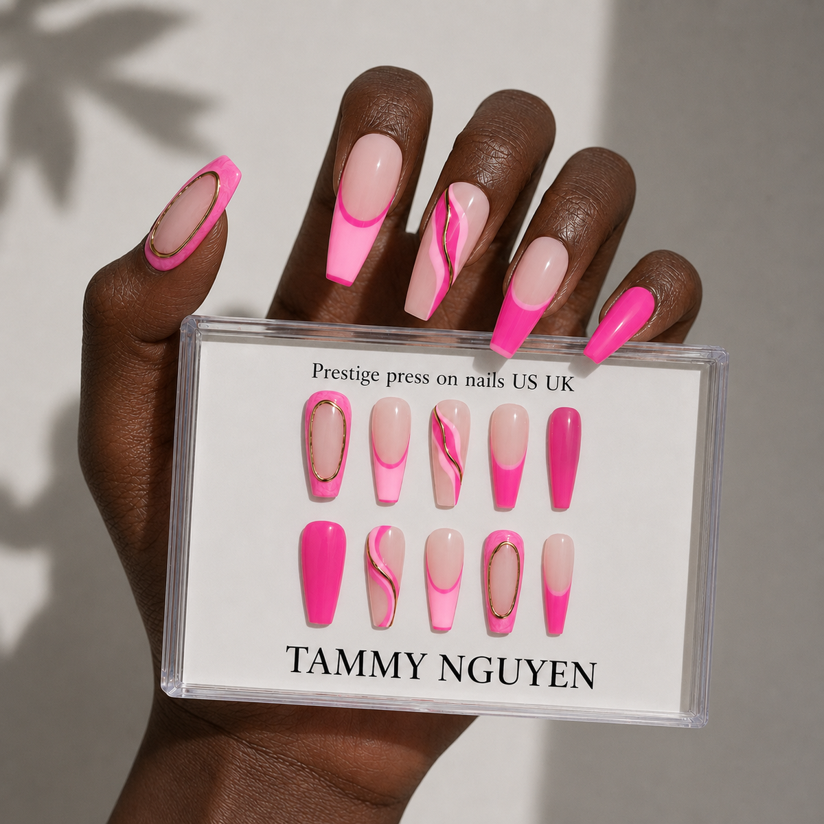 Press On Nail Long Coffin Pink Swirl