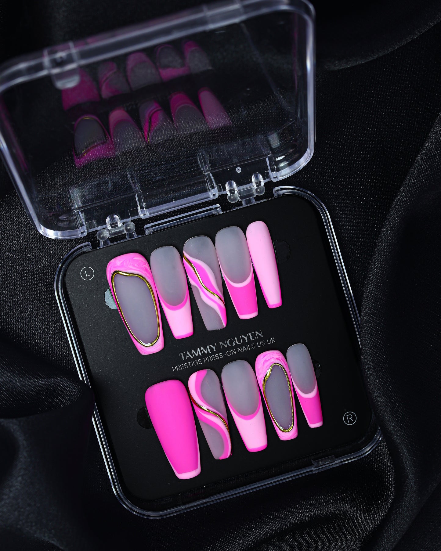 Press On Nail Long Coffin Pink Swirl