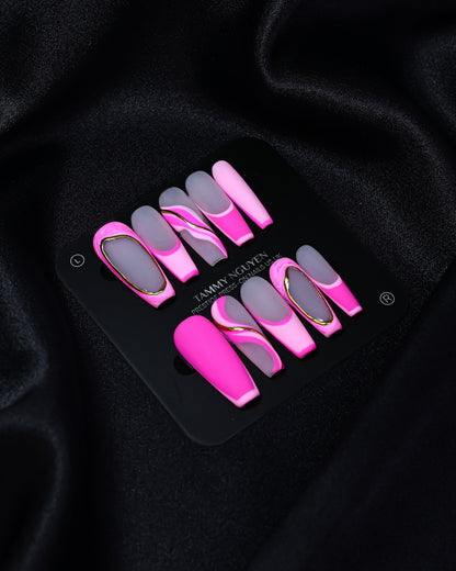 Press On Nail Long Coffin Pink Swirl