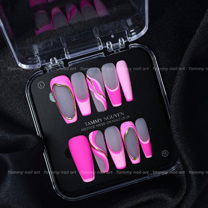 Press On Nail Long Coffin Pink Swirl