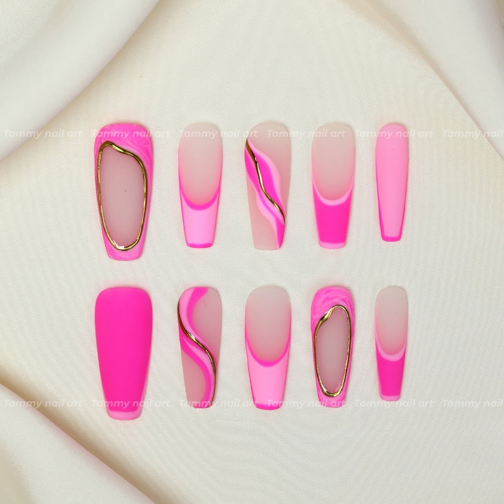 Press On Nail Long Coffin Pink Swirl