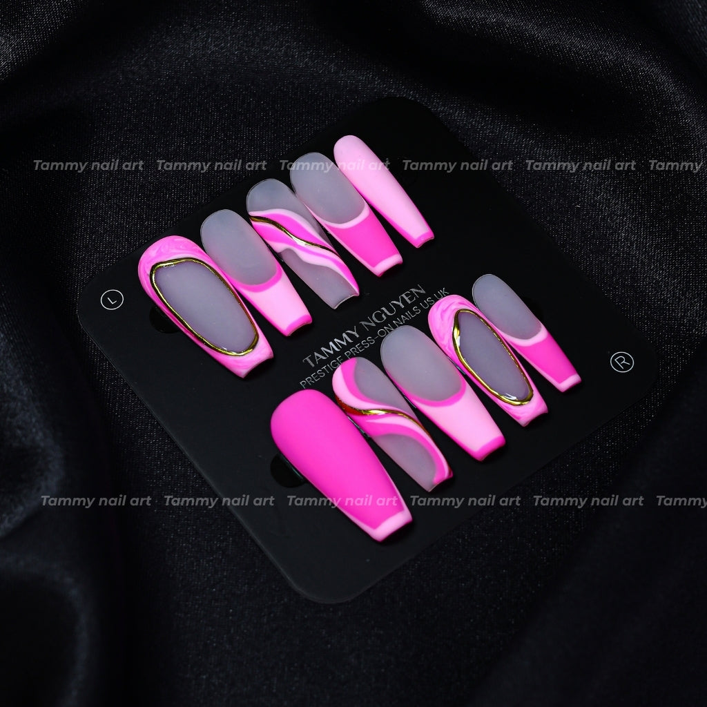 Press On Nail Long Coffin Pink Swirl