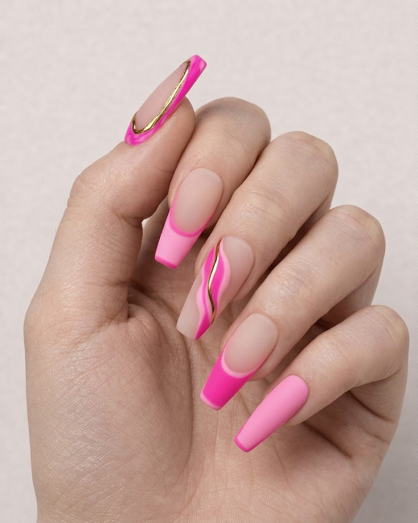 Press On Nail Long Coffin Pink Swirl