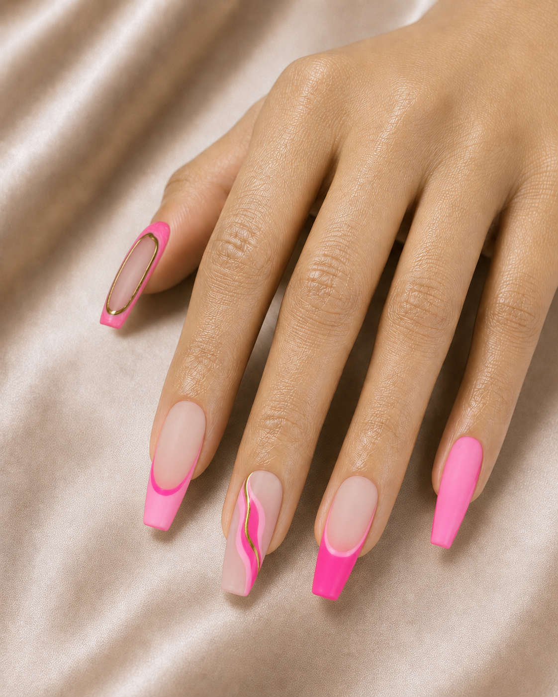 Press On Nail Long Coffin Pink Swirl