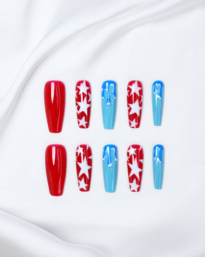 Press On Nail Coffin Red Blue Stars