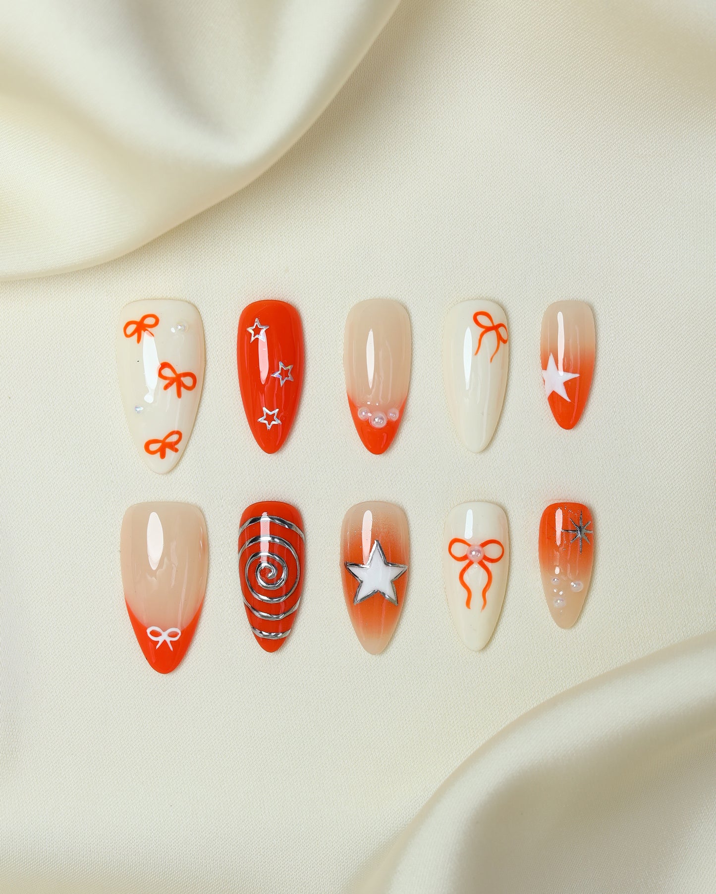 Press On Nail Bright Orange Bow