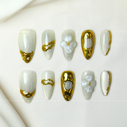 Press on Nails Summer Ocean Cat Eye 3D Gold