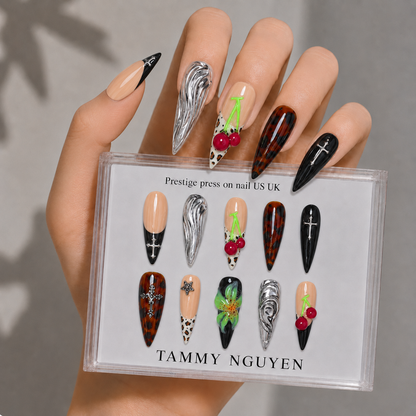 Press-on Nails Chrome Cherry Cross