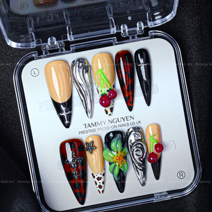 Press-on Nails Chrome Cherry Cross
