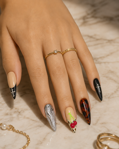 Press-on Nails Chrome Cherry Cross