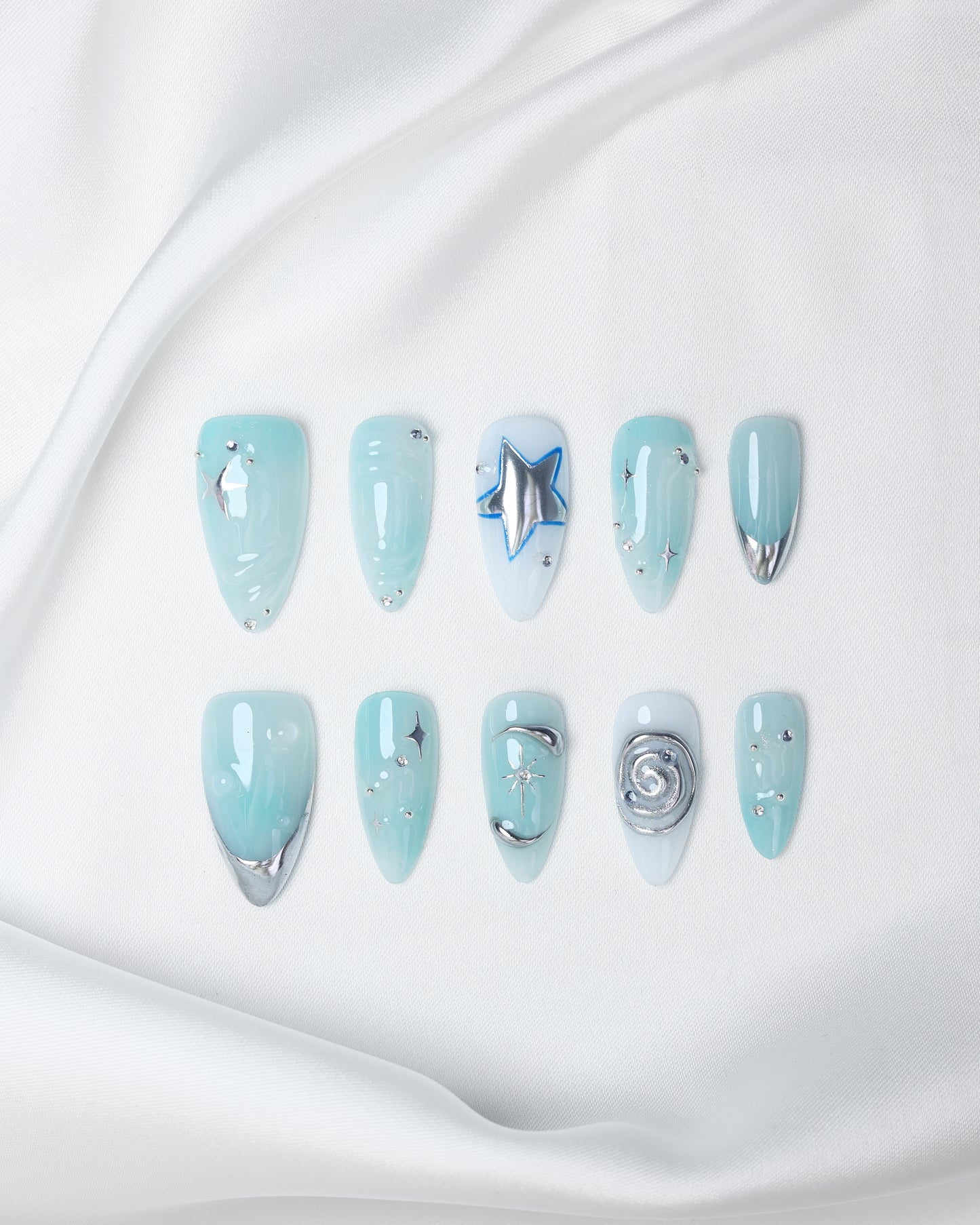 Press On Nails Y2K Mint Silver Chrome