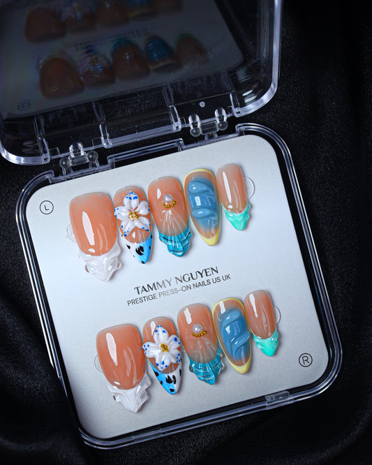 Press On Nails Almond Summer Blue French
