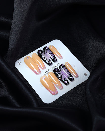 Press On Nail Black Coffin Flower