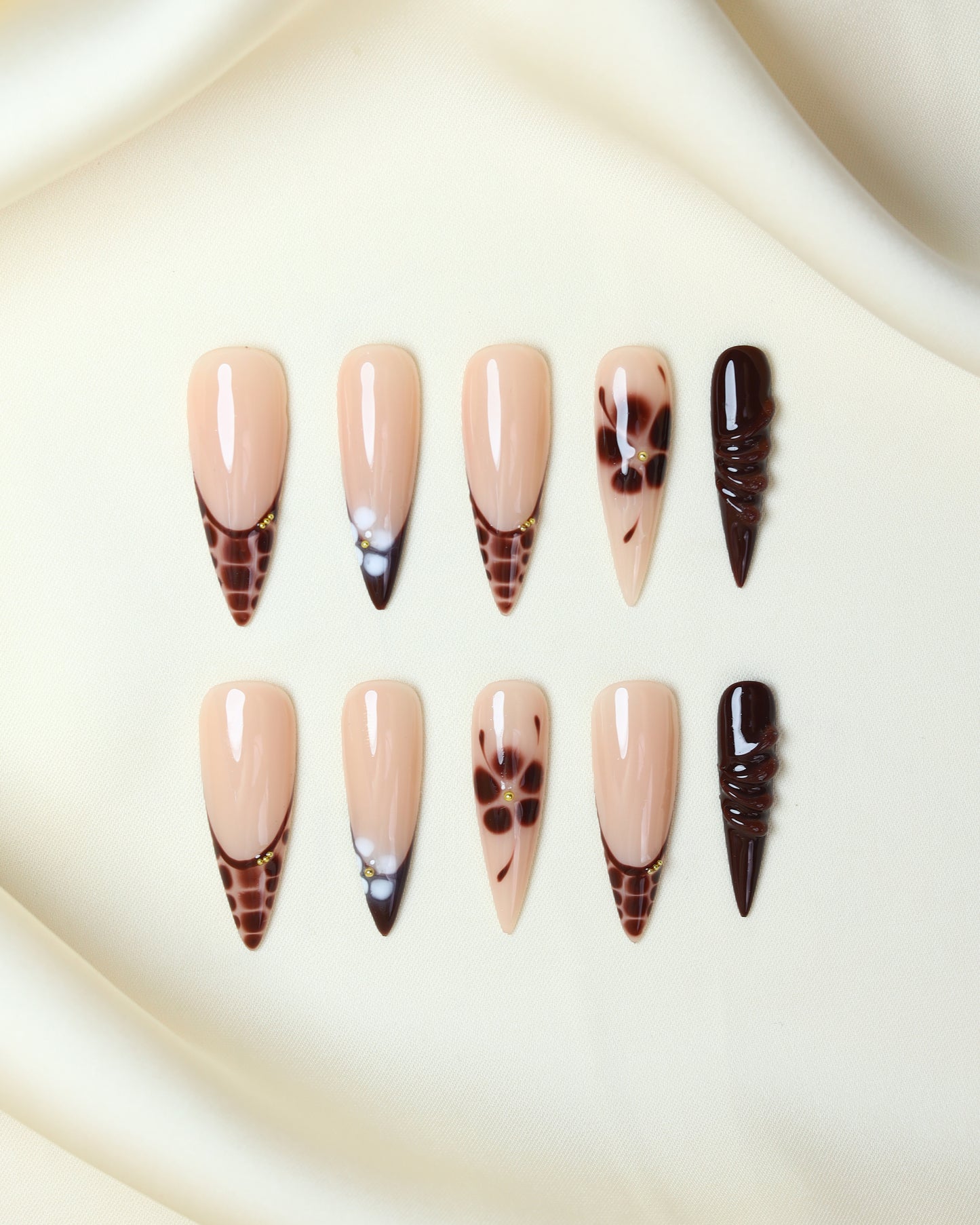 Press On Nails Y2K Stiletto Brown Flower
