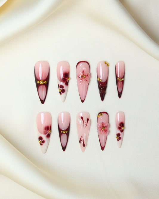 Press On Nail Stiletto Burgundy Floral