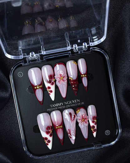 Press On Nail Stiletto Burgundy Floral
