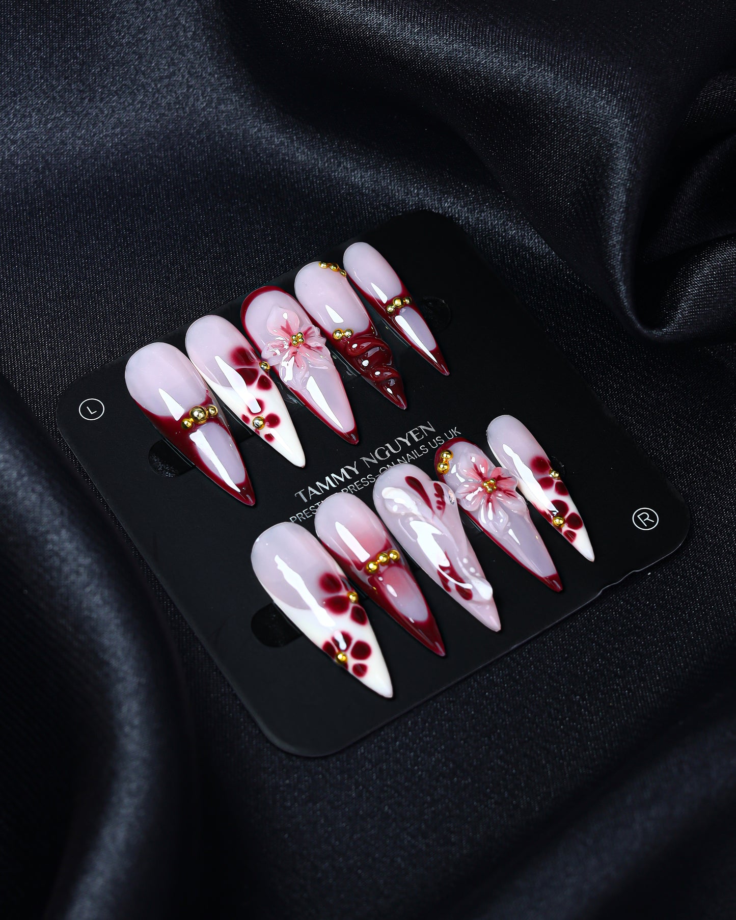 Press On Nail Stiletto Burgundy Floral