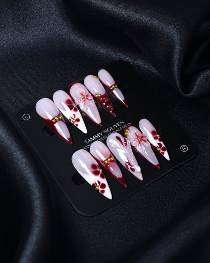 Press On Nail Stiletto Burgundy Floral