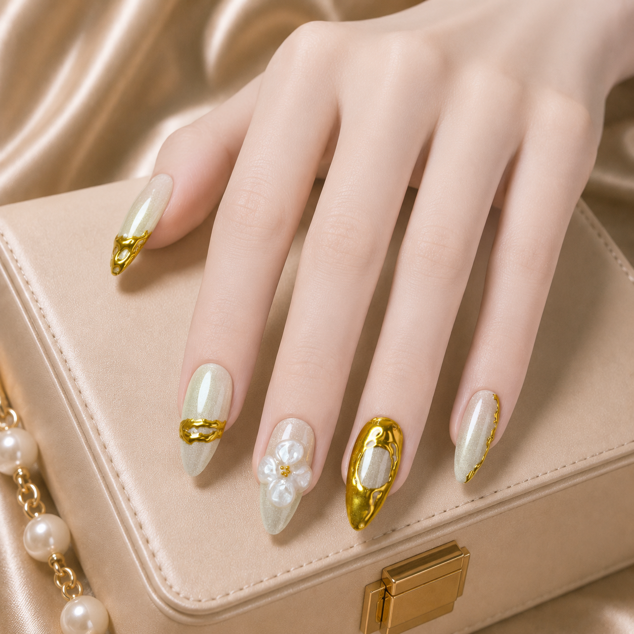 Press on Nails Summer Ocean Cat Eye 3D Gold
