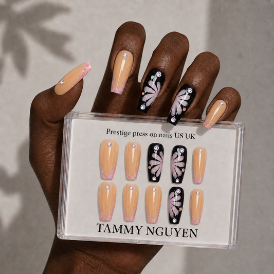 Press On Nails Black Coffin Flower