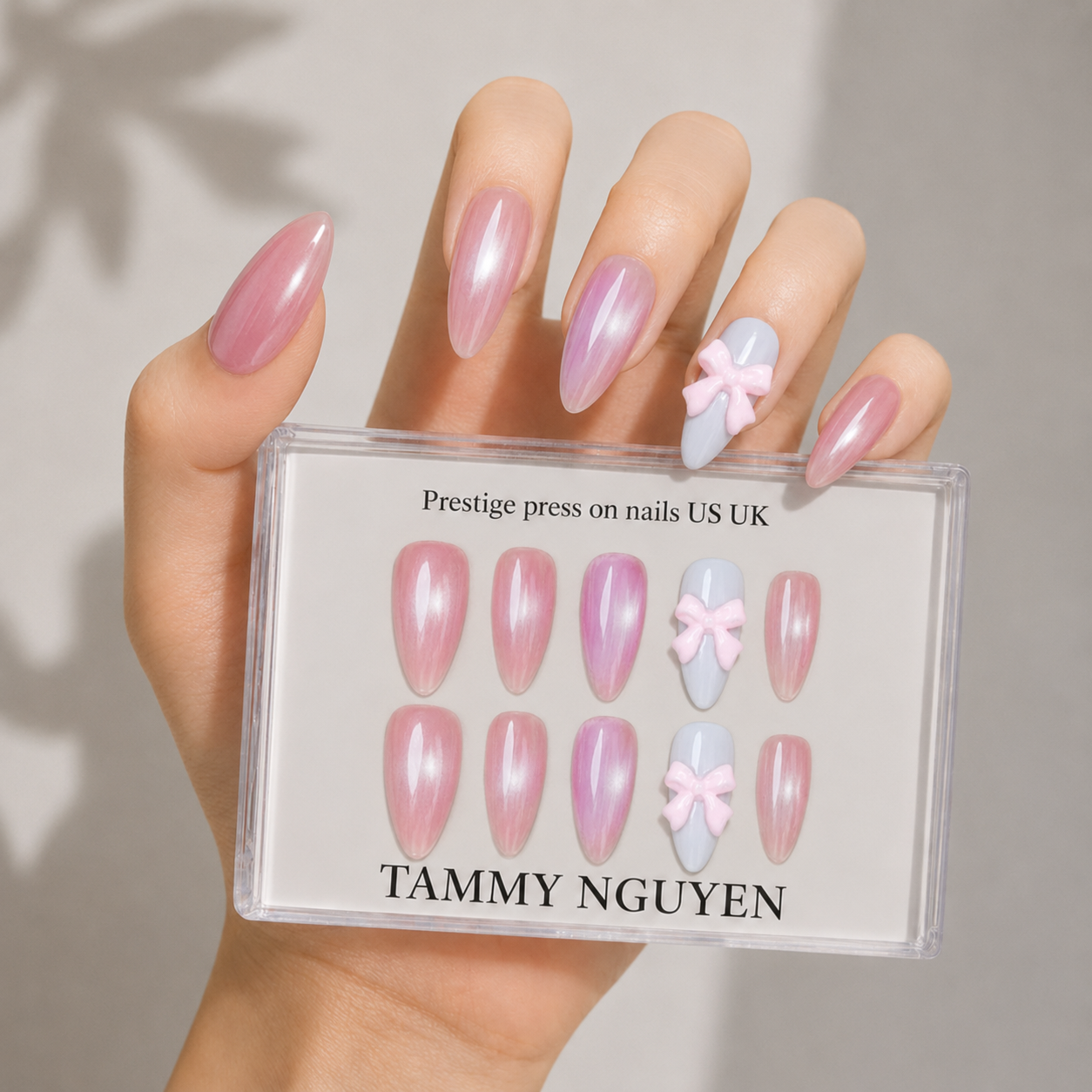 Press-on Nails Pink Pearl Ribbon