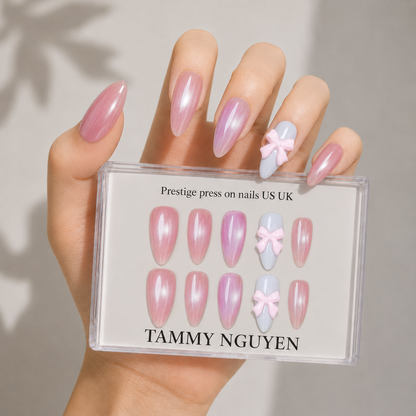 Press-on Nails Pink Pearl Ribbon