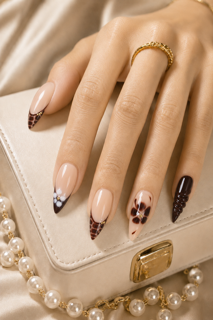 Press On Nails Y2K Stiletto Brown Flower